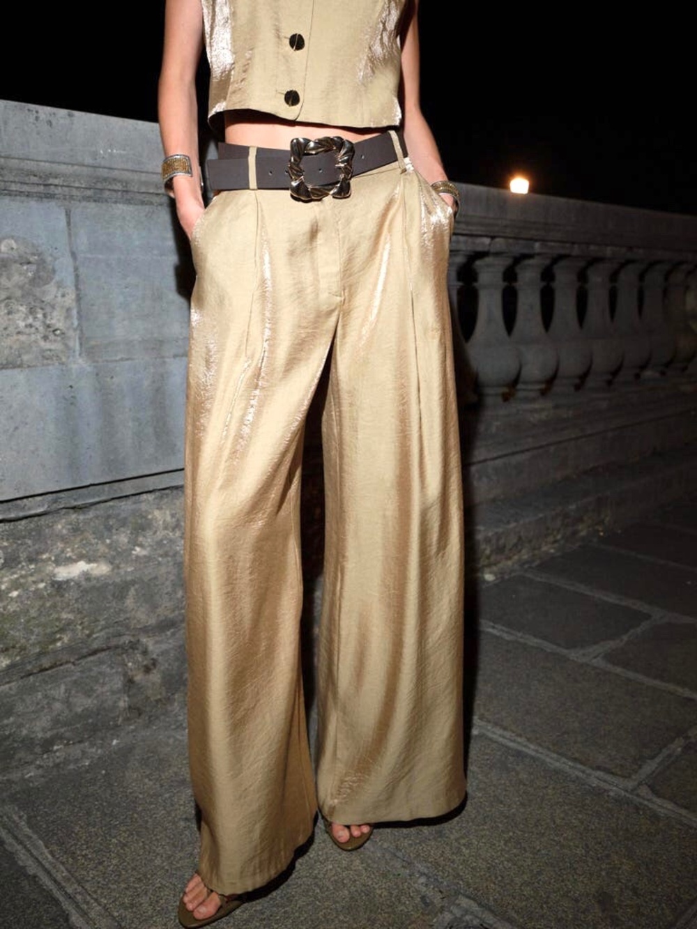 Zara Dress Pants Gold Metalic Wide Leg Belted Trousers Elevated Size Medium